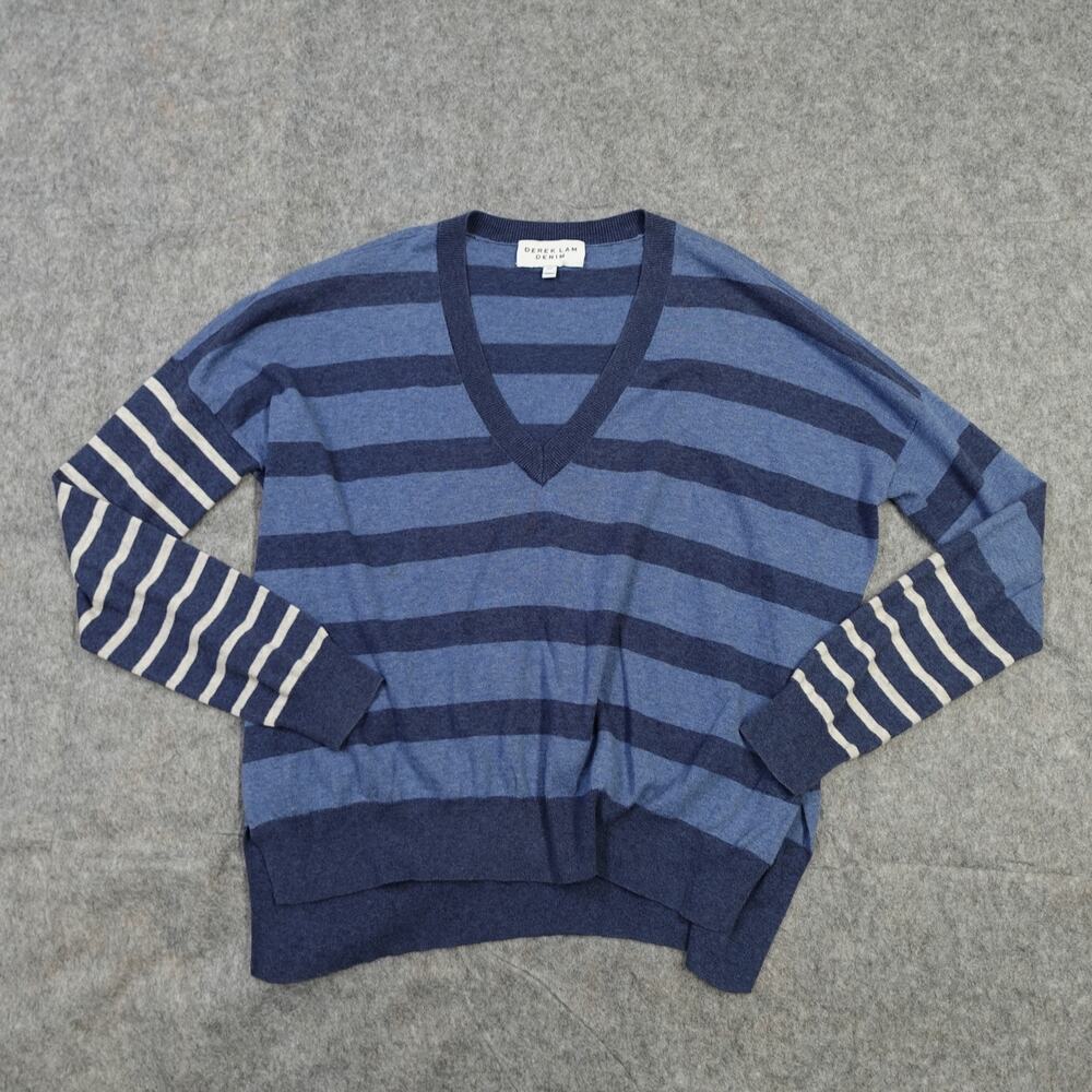 Derek Lam Sweater Womens Small Crosby Jumper Striped‎ V-Neck Oversized Denim
